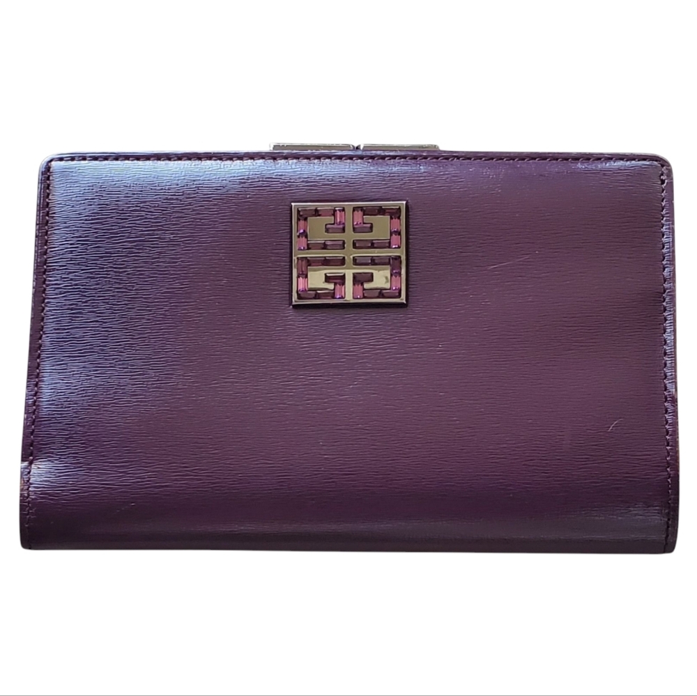 GIVENCHY Rare Kisslock Leather Bi-Fold Wallet with Crystal Logo in Dark Magenta